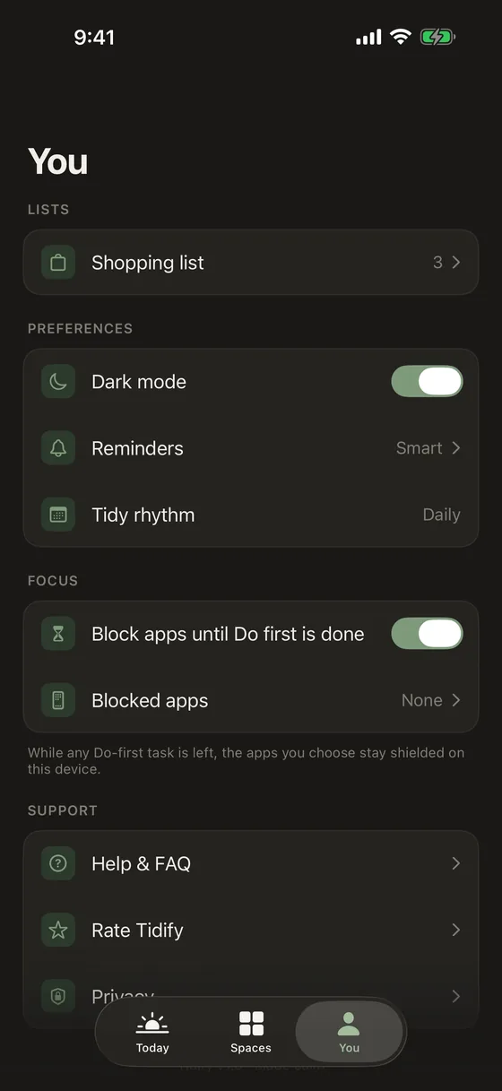 The You tab in Tidify, where the optional app-pausing setting sits alongside preferences and the shopping list.