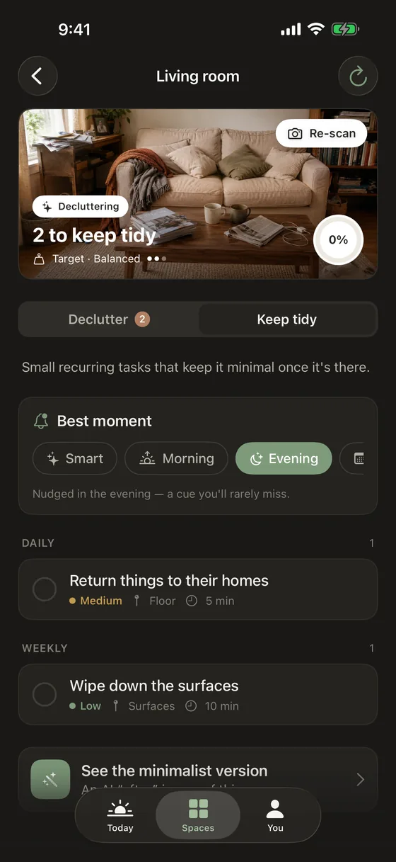 The Keep tidy view for a living room, showing the recurring upkeep tasks that hold the space at its tidied state.