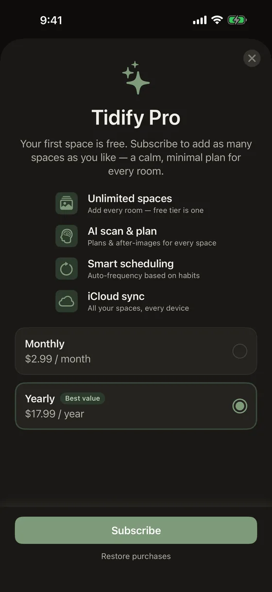 The Tidify Pro screen, showing what a subscription unlocks.