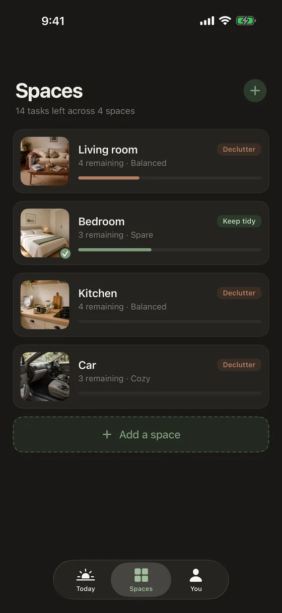 The Spaces screen in Tidify, listing a living room, bedroom, kitchen and car with how many tasks remain in each.