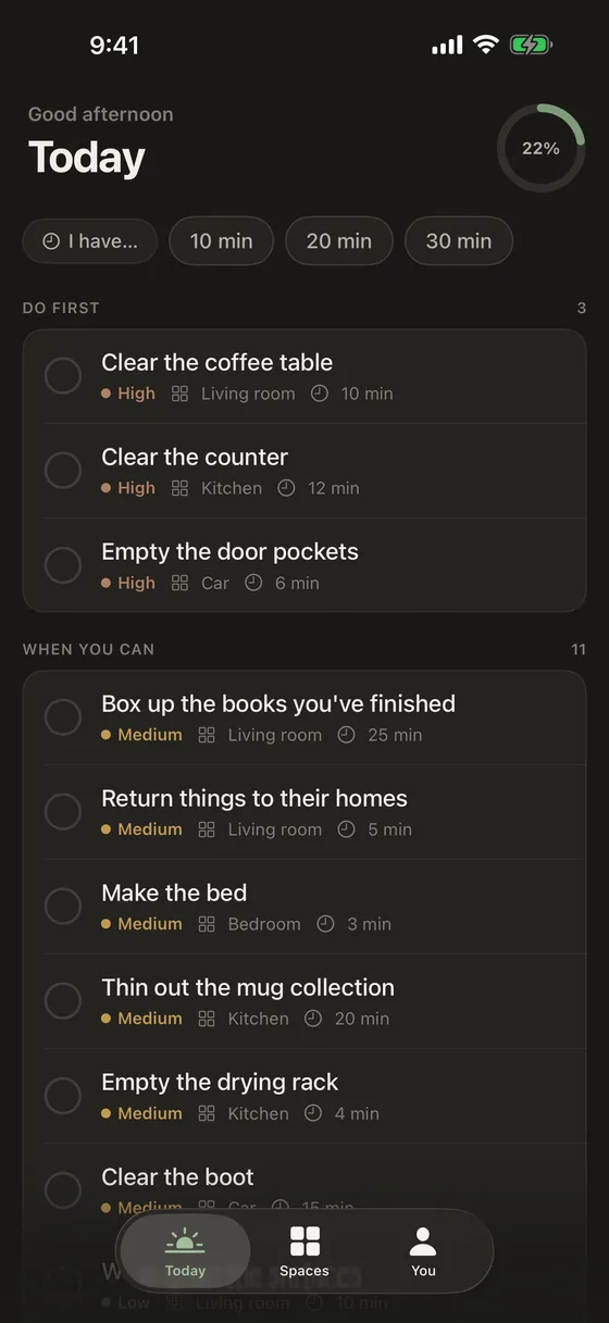 The Today screen in Tidify, showing tasks grouped into Do first and When you can, each with a room, a priority and a time estimate.